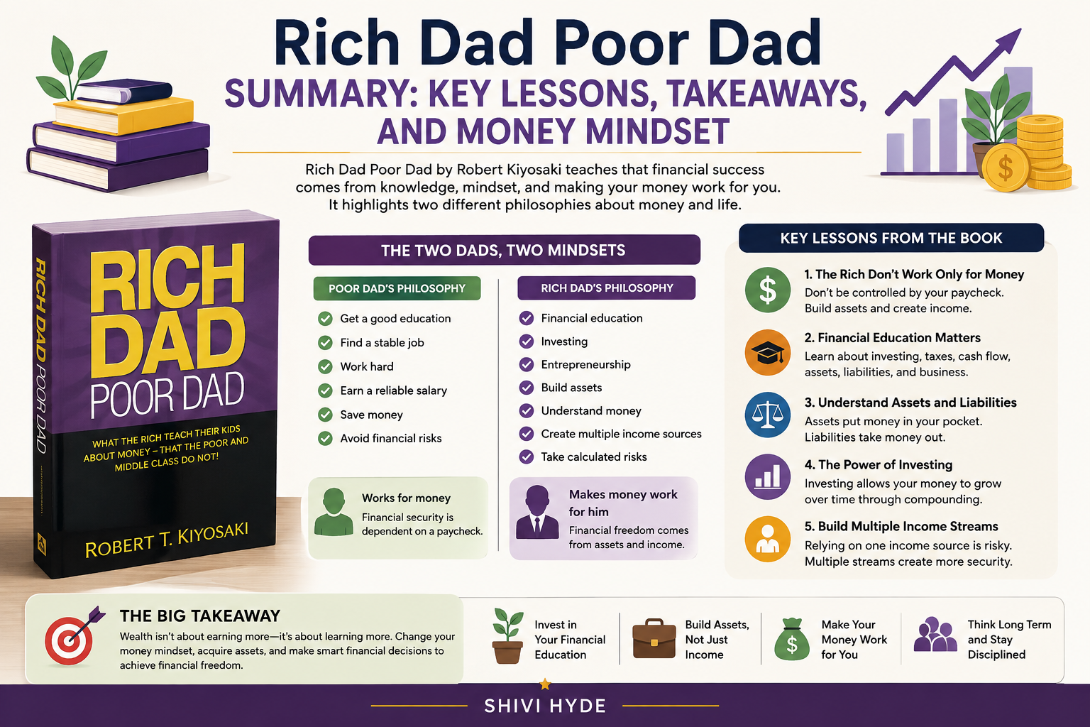 Rich Dad Poor Dad summary showing key lessons, money mindset, assets, liabilities, and financial education