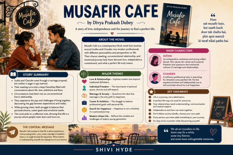 Musafir Cafe summary by Divya Prakash Dubey featuring Sudha and Chander, themes, story, and key takeaways