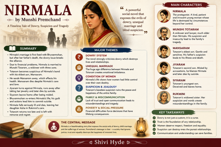 Nirmala by Premchand summary showing characters, major themes, dowry, unequal marriage, and key takeaways