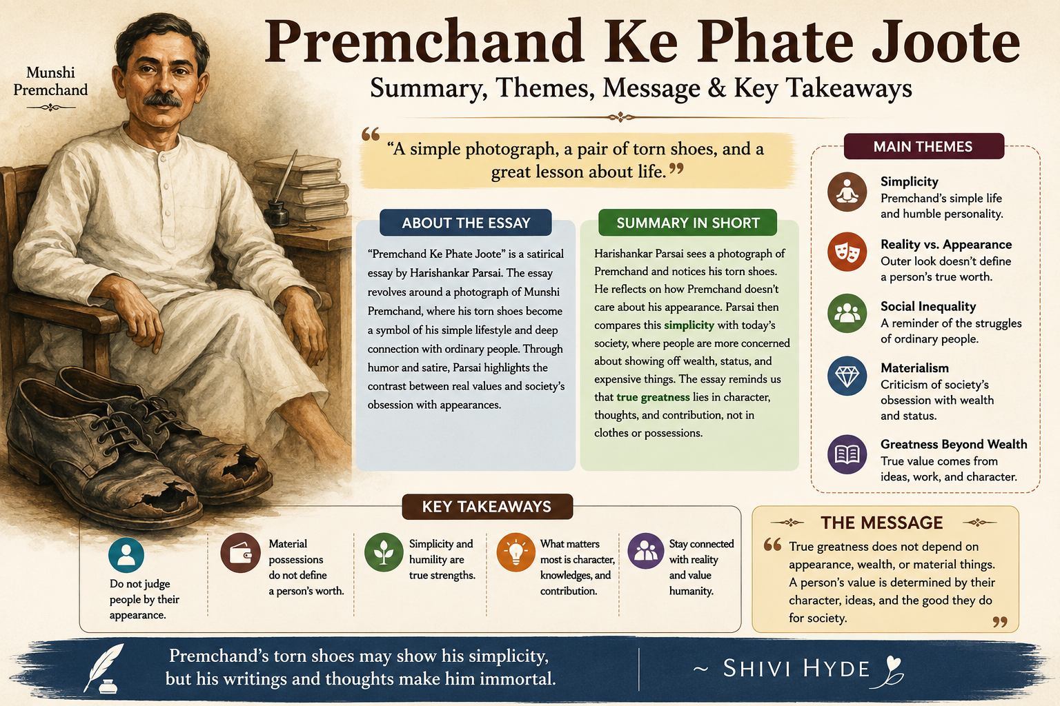Premchand Ke Phate Joote summary showing Premchand, torn shoes, key themes, message, and takeaways